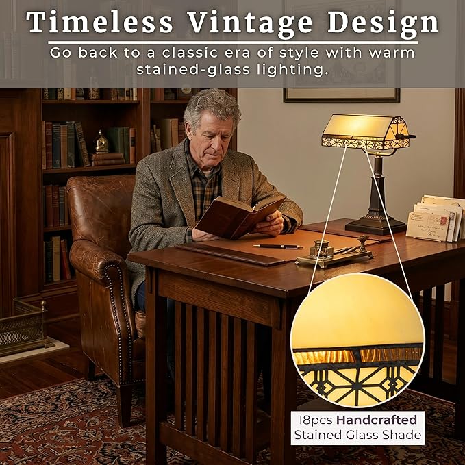 Lavish Home Tiffany-Style Bankers Lamp - Vintage-Looking Mission-Style Table or Desk LED Light with Stained Glass Shade (Dark Brown)
