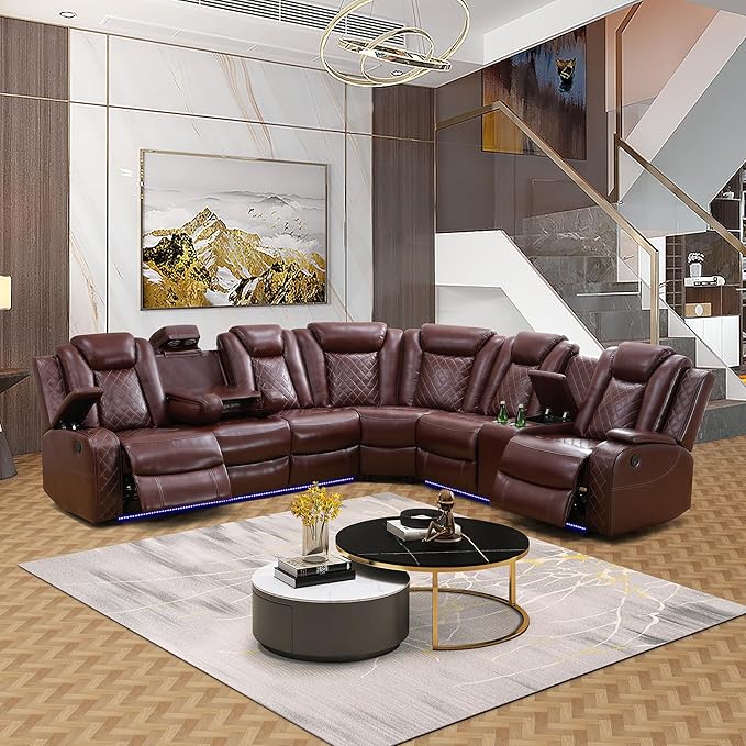 Power Recliner Sectional Couch for Living Room, Breathing Leather Reclining Sectional Sofa, 6 Seat L Shaped Reclining Couch with LED Lighting/Cup Holders/Strorage/USB Port (Wine Red)