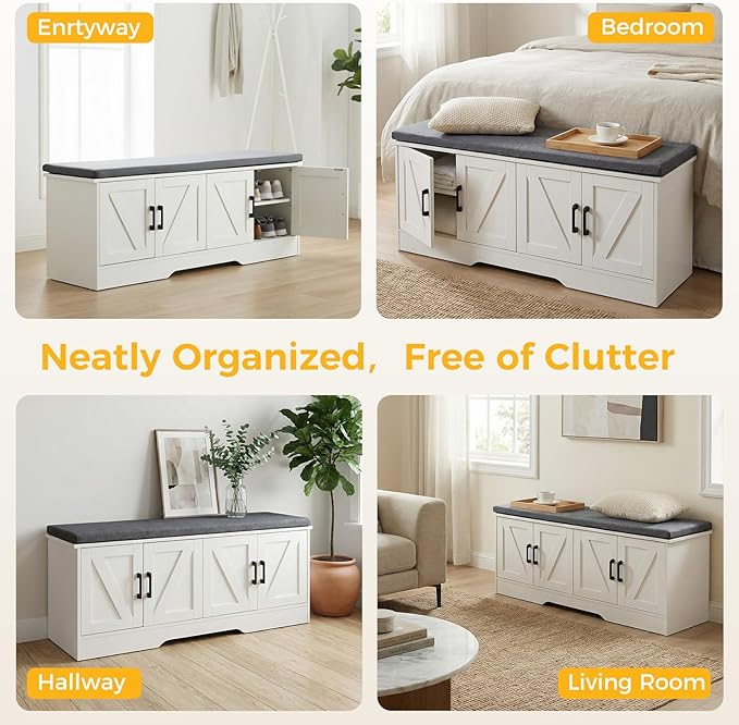 NEWBULIG 2-Tier Storage Bench, 28" Wide Shoe Bench with Padded Seat Cushion, Entryway Bench with 4 Barn Doors and Adjustable Shelf, White