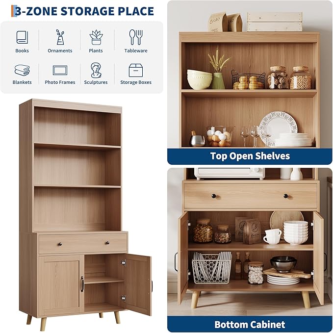 GarveeHome Tall Bookshelf with Storage Cabinet, 72.4" Wood Bookcase with Doors, Drawer & Open Shelves, Freestanding Display Bookshelves for Home Office, Living Room, Bedroom, Kitchen