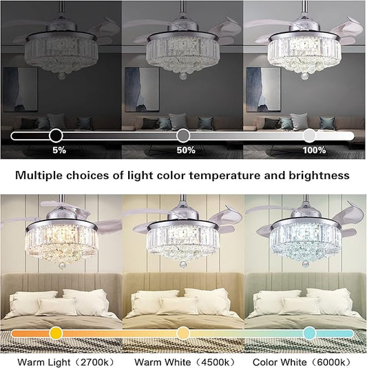 DuMaiWay 36" Dimmable Fandelier Crystal Ceiling Fan with Lights and Remote Modern Invisible Retractable Blades Chandelier Ceiling Fan Light Kit for Bedroom Living Room -Polished Chrome