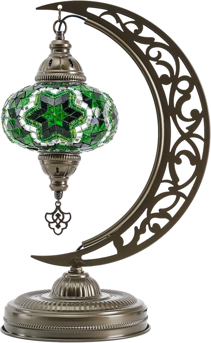 Mozaist Turkish Mosaic Moon Shape Table Lamp, Moroccan Crescent Vintage Handmade Desk Light, Country Living Room, Kitchen Island Decorative Lighting, Authentic Bohemian Bedside Dim Nightstand (Green)