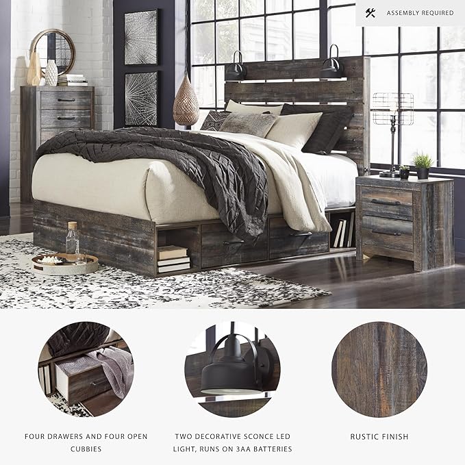Signature Design by Ashley Drystan Rustic Queen Panel Platform Bed with 4 Storage Drawers, Open Cubbies, Sconce LED Lights and USB Ports, Foundation or Box Spring Not Needed, Dark Brown & Gray