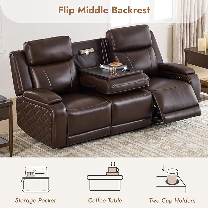 Watson & Whitely Genuine Leather Power Recliner Sofa with Console, 3 Seater Zero Gravity Reclining Sofa with Power Headrest & Flip Middle Backrest Table, Cup Holders for Living Room, Dark Brown