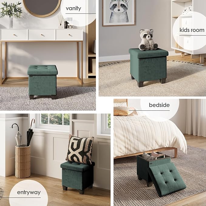 Storage Ottoman Cube with Small Bin, 15-in Square Ottoman with Storage for Living Room and Bedroom, Small Ottomans Foot Rest, Velvet Foot Stools Ottomans Max 330lbs, Green