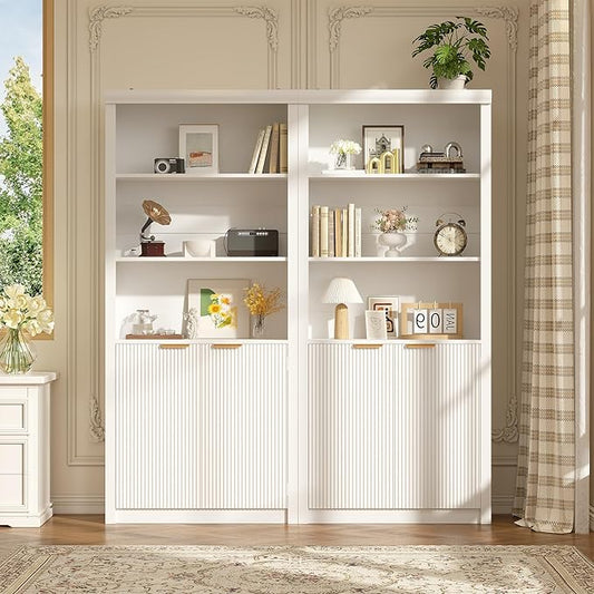 Garvee Tall Book Shelf and Bookcase, Wooden Bookcase with Doors, Modern Book Case with Large Storage Cabinet, 5-Shelf Bookcases with Adjustable top Shelve for Home Office, Living Room, 2 Set White