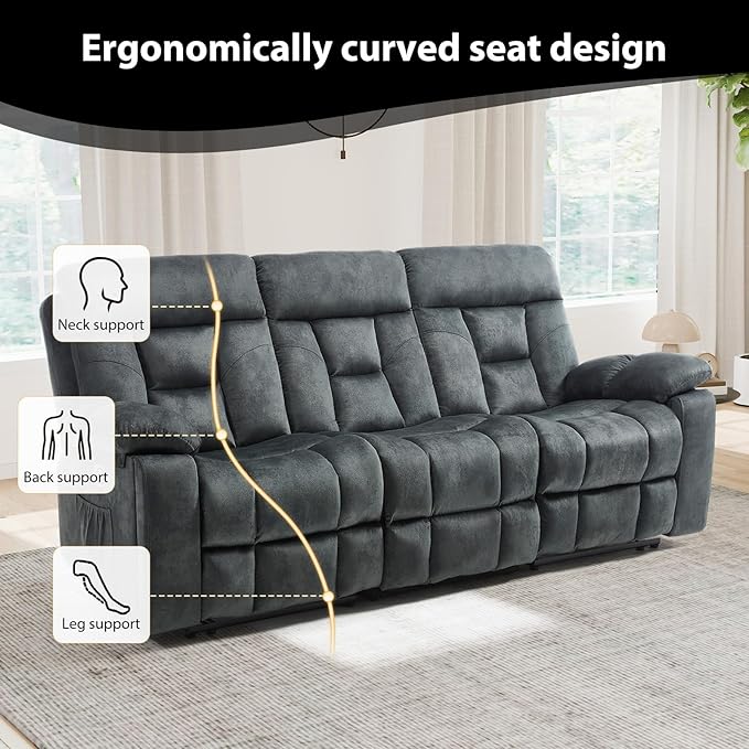CANMOV 3 Seat Manual Recliner Sofa, Modern Reclining Sofa with Overstuffed Armrest, Hidden Cup Holders, for Living Room, Greenish-Gray