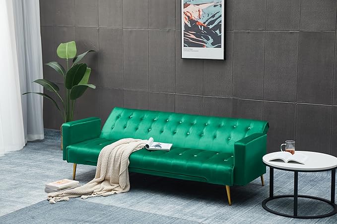 Eafurn Convertible Futon Sofa Bed, 75″Velvet Fabric Futons Loveseat Couch with Adjustable Backrest, Folding Sleeper Recliner Daybed for Living Room Furniture | Golden Legs, Wood Frame