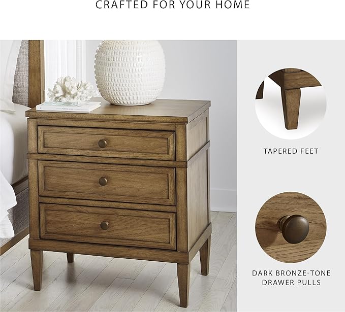 Signature Design by Ashley Sharlance Casual 3-Drawer Nightstand with Felt-Lined Top Drawer, Power Supply and USB Ports for Bedroom, Light Brown