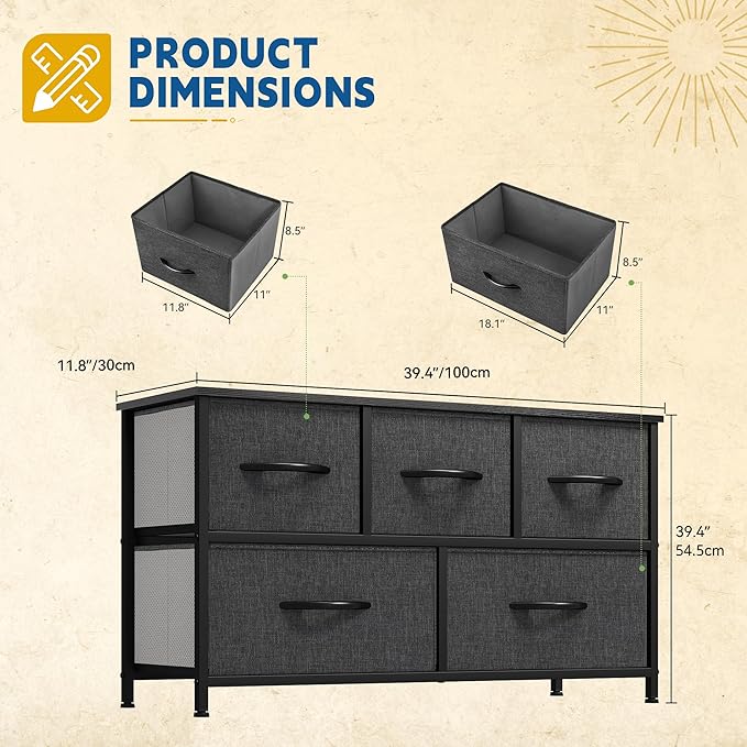 DWVO 5 Dresser for Bedroom, TV Stand, Fabric Tower with 5 Drawers, Black Dresser & Chest of Drawers