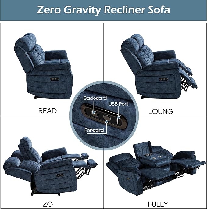 Zero Gravity Power Reclining Sofa with Adjustable Headrest, Electric Reclining Couch with Wireless Charge, USB Ports, Power Loveseat Recliner Sofa for Living Room (Blue-Sofa)