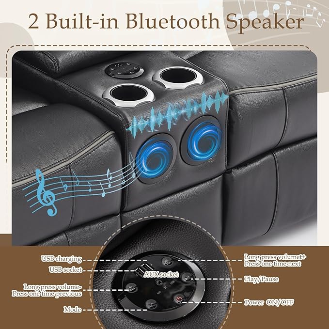 Power Reclining Sofa Set, Power Recliner Sofa and Loveseat Set with LED Light/Bluetooth Speakers, Electric Reclining Sofa Couch Living Room Set for Home, Office(Black, Sofa+Loveseat) | pu leather, Bluetooth Speakers, LED Light, outlets, Storage Drawer