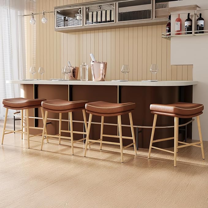 Bar Stools Set of 4, Counter Height Bar Stools with Thick PU Leather Saddle Seat & Sturdy Metal Frame Legs,Backless Bar Stools for Kitchen Island Dining Cafe,Brown