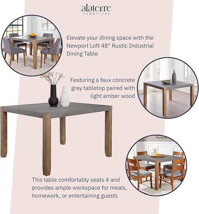 Alaterre Furniture Newport Kitchen Table Collection – 48” x 30” Dining Table for 4 with Faux Concrete Gray Top & Solid Wood Legs – Rustic Industrial Modern Farmhouse Dining Room Table