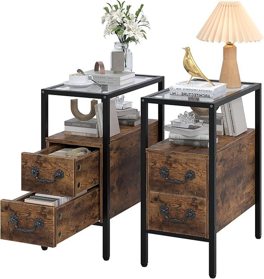 VECELO Narrow Side Table Set of 2, Night Stand Sofa Table with Glass Top,Bedside End Tables with Storage Drawers,Wood Nightstand for Small Spaces Living Room Bedroom,Brown