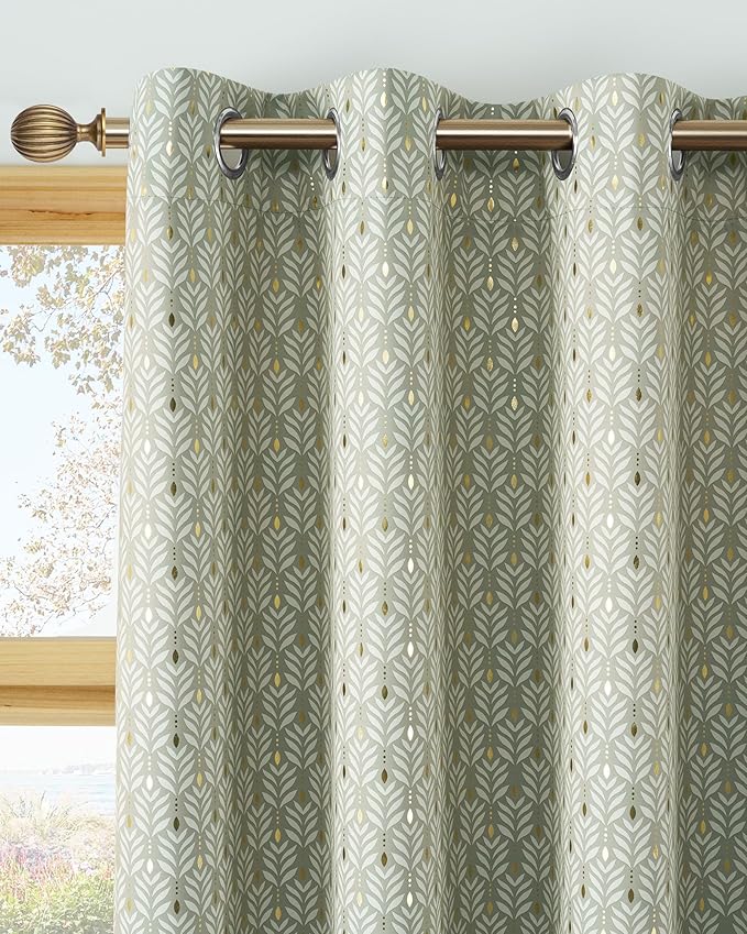 NICETOWN 100% Blackout Curtain Panels for Bedroom 84 inches Long, Green, 2 Pieces, 52 inches Wide, Thermal Insulated Home Decoration Gold Foil Leaf Panels for Living Room/Kids Room