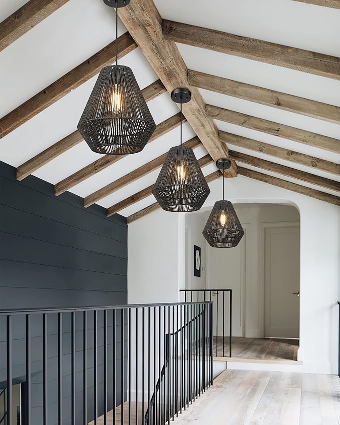 ELYONA Modern Woven Pendant Light Fixtures 12" Farmhouse Coastal Hanging Lamp Matte Black Handwoven Rattan Basket Shade Boho Pendant Light for Kitchen Island Dining Room Bar Bedroom Foyer Hallway