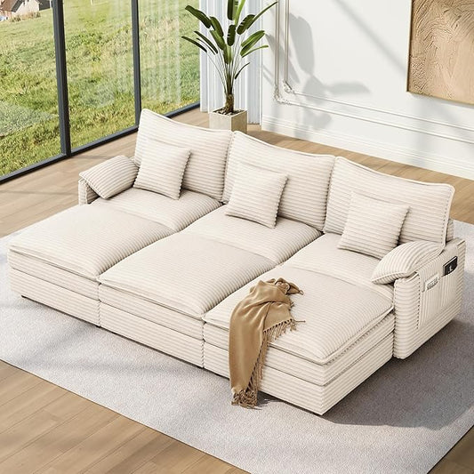 Vesgantti 108" Sectional Sleeper Sofa, 6-Seater Oversized Modular Cloud Couch with Movable Ottoman, Corduroy Large Sofa Bed Convertible Deep Seat Couches for Living Room, Bedroom and Apartment, Beige | Sink-in Comfort, Height Adjustable, Easy Rearrange...