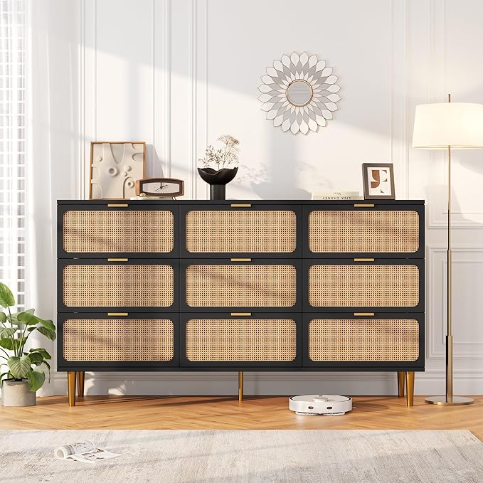 GarveeHome Rattan 9 Drawer Dressers for Bedroom, Tall Dresser with Deep Drawers, Large Chest of Drawers for Closet with Wide Top, Long Wooden Dresser for Living Room, Hallway, Kids Room, Black
