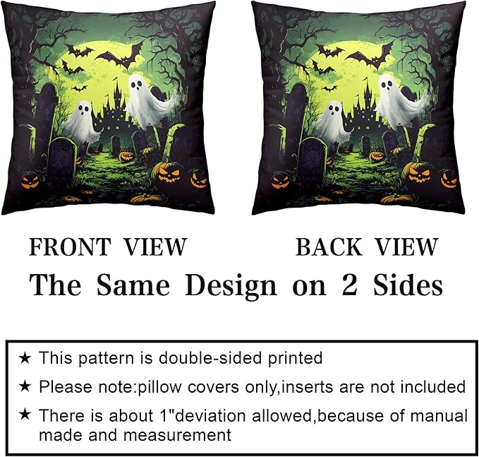 2 Pack Halloween Pillow Covers 16x16 Graveyard Ghost Throw Pillow Covers Horror Spooky Green Full Moon Night Pillow Case Bat Pumpkin Cushion Case for Holiday Party Decor Couch Sofa