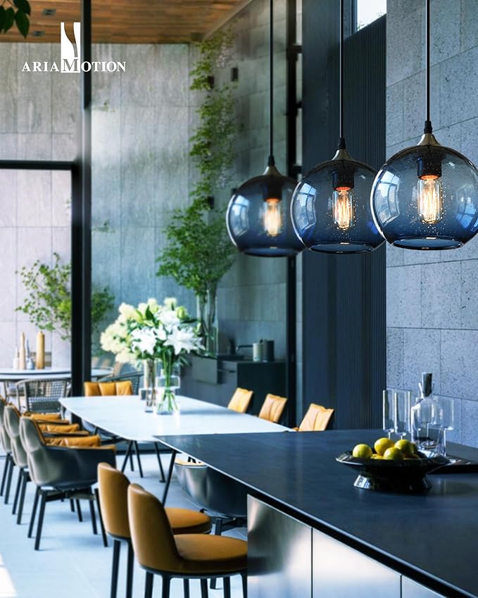 ARIAMOTION Pendant Lighting for Kitchen Island Hand Blown Glass Modern Blue Bubbles Light Over Sink Bar Bedroom Vintage Globe 8.7 InchDiam