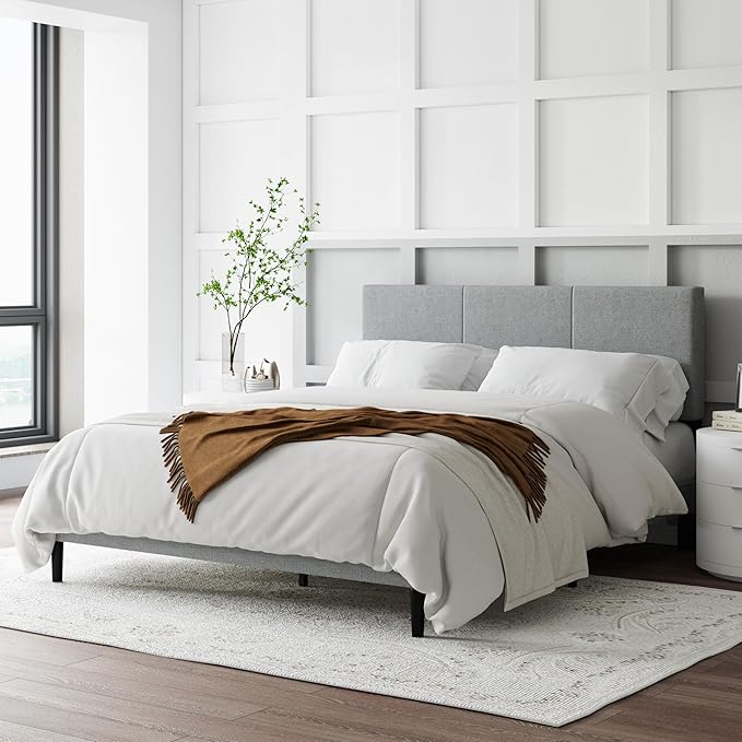 Queen Size Bed Frame with Upholstered Headboard, Sturdy Wood Slats, No Box Spring Required, Silent, Easy Assembly, Gray