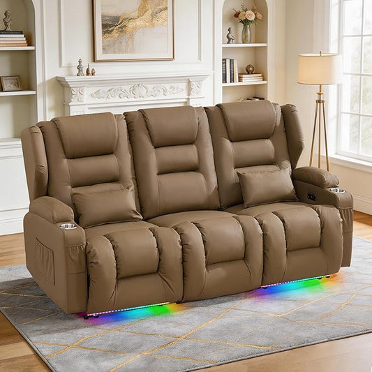SAMERY Power Loveseat Recliner Sofa, Wall Hugger Reclining Loveseat Sofa, Movie Home Theater Seating with Flip-Backrest, Solid Wood Top, Ambient LED Lights, USB-C, Outlets, Faux Leather, Khaki | Extra Wide Seat, Plush Padding, Dual Power Recline, Flip-...