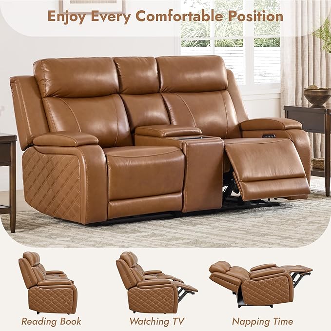 Watson & Whitely Genuine Leather Power Loveseat Recliner Sofa, Zero Gravity Reclining Sofa with Console, Power Headrest & Wireless Charging, Cup Holder, 2-Seater Recliner for Living Room, Saddle Brown