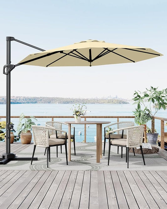 GarveeLife 10 ft Cantilever Umbrella Outdoor Patio Umbrella Market Offset Umbrella Sun Shade Windproof with 360-Degree Rotation for Patio Garden Deck Pool, Beige