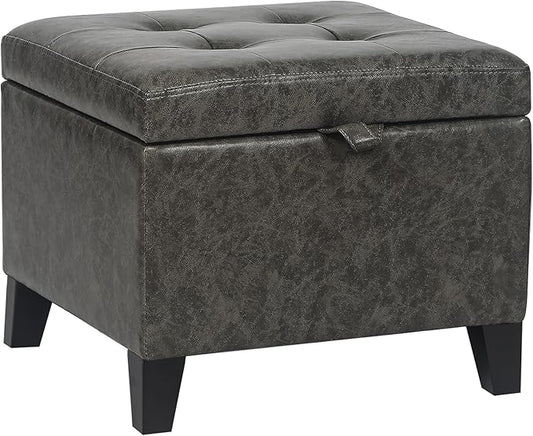 Adeco 15.2" Square Faux Leather Storage Ottoman, Button-Tufted Footrest Stool with Hinged Lid for Living Room & Bedroom Entryway, Upholstered Vanity Seat, Mixed Grey
