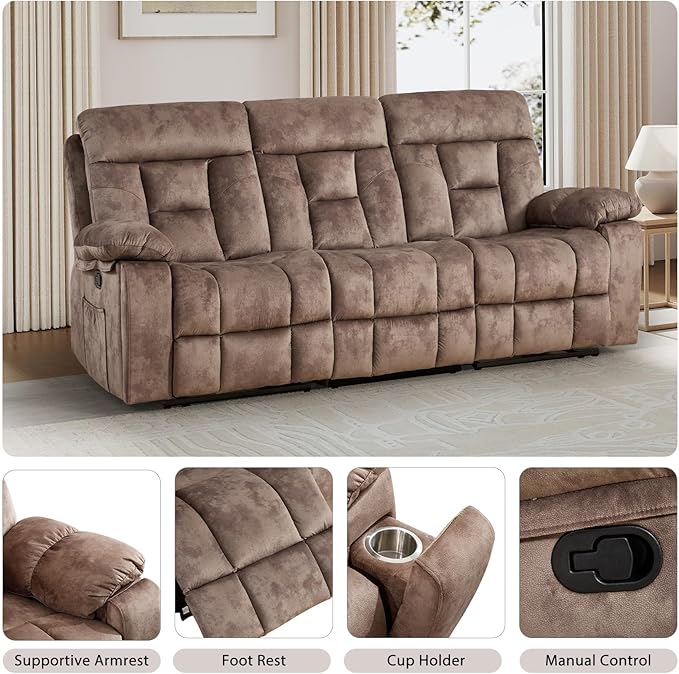 EBELLO 2 Pieces Recliner Sofa Couch Furniture Set, Overstuffed Reclining Loveseat Recliner Couch and Wide 3PC Bonded Sofa Set for Living Room, Brown