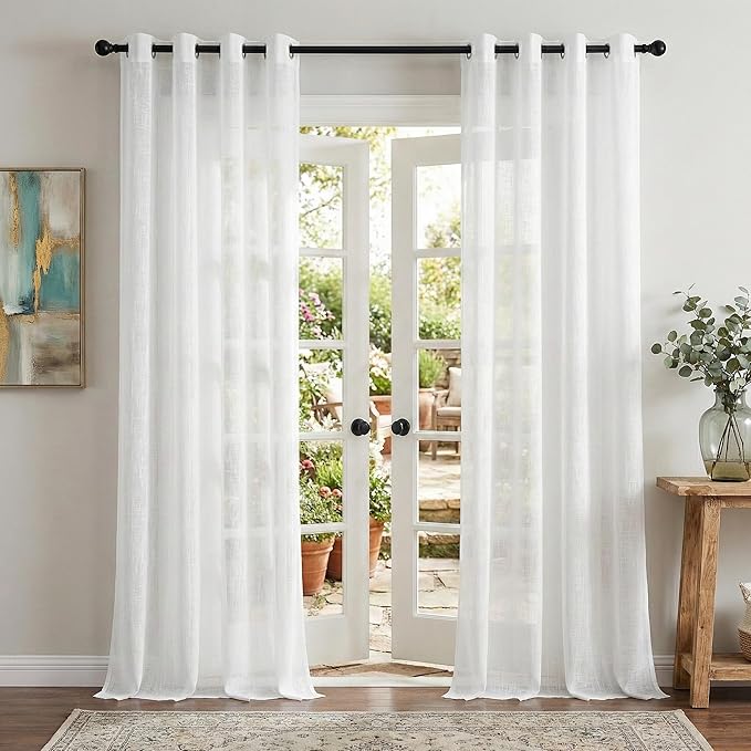 NICETOWN Sheer Linen Curtains for Windowa 108" Extra Length, Grommet Top Luxury Sweep to Floor Semitransparent Vertical Drapes Light Filter for Bedroom/Living Room, 104" Wide=2 Panels, White