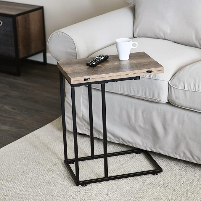 Household Essentials Jamestown Extendable C-Shaped for Accessiblity Side End Table Ashwood Rustic Wood Grain and Black Metal