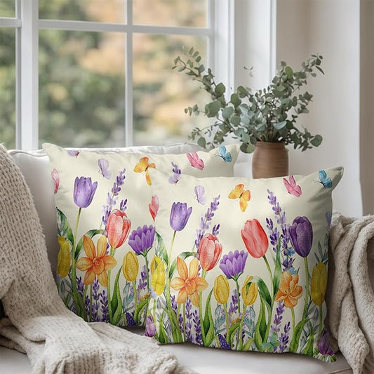 Spring Tulip Floral Pillow Covers 18x18 Set of 2 Watercolor Lavender Daffodils Flowers Throw Pillows Summer Outdoor Farmhouse Pillow Case for Couch Home Sofa Bed Decor