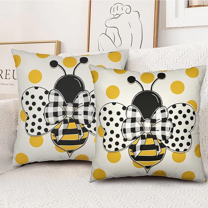 Summer Bumblebee Throw Pillow Covers 20x20 Set of 2 Polka Dot Bee Decorative Pillow Cases Yellow Honeybee Outdoor Farmhouse Cushion Cover for Home Couch Sofa Decor