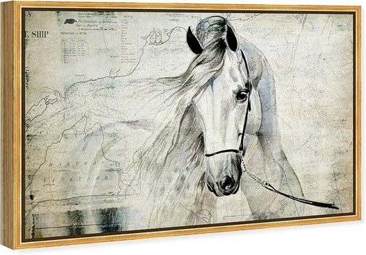 Country Farmhouse Canvas Print Painting Animal Wall Art 'Southern White Horse' Gold Framed Canvas Rustic Home Décor 54x36 in Gray, Brown by Oliver Gal