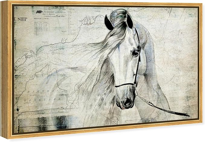 Country Farmhouse Canvas Print Painting Animal Wall Art 'Southern White Horse' Gold Framed Canvas Rustic Home Décor 15x10 in Gray, Brown by Oliver Gal