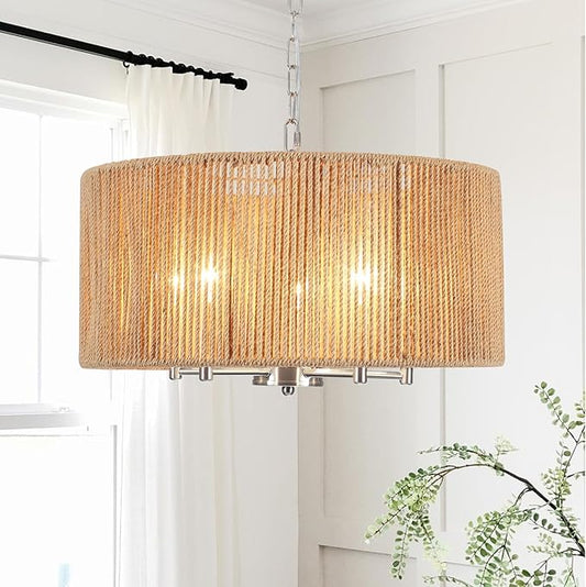 Boho Large Rattan Chandelier, 5-Lights Woven Pendant Lights Fixture, 19" Dining Room Lighting Fixture Farmhouse Nickel Vintage Chandeliers Hanging Light for Living Room Kitchen Entryway Hallway Foyer