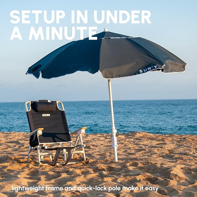SUN'Y ESCAPES Beach Umbrella - UPF 50+ Recycled Ocean Bound Fabric Canopy, Wind Resistant with Sand Anchor & Tilt - Portable with Carry Bag