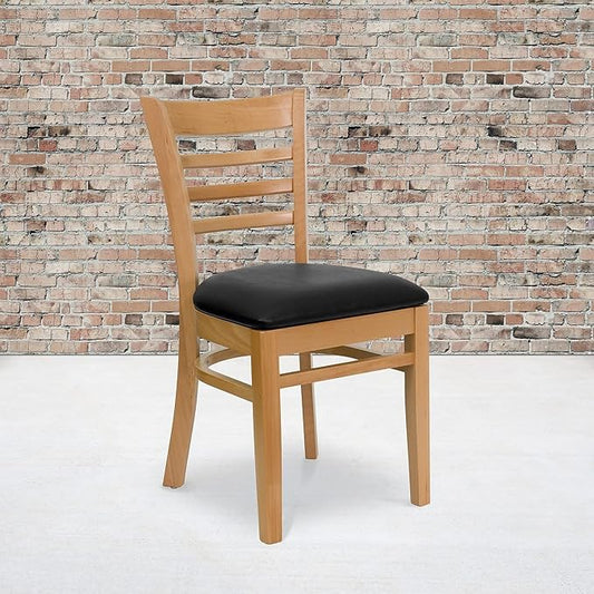 Flash Furniture 2 Pack HERCULES Series Ladder Back Natural Wood Restaurant Chair - Black Vinyl Seat