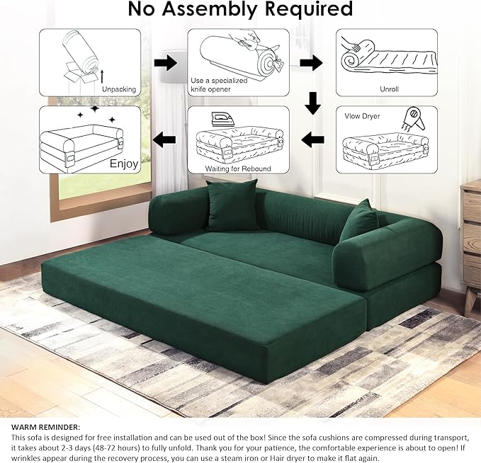 80" Convertible Sofa Bed, 3-in-1 Corduroy Folding Pull Out Couch with Pillows, No Assembly Modern Boneless Couch Compression Sofa in Box, Floor Sofa with Side Storage Pocket for Living Room,Dark Green