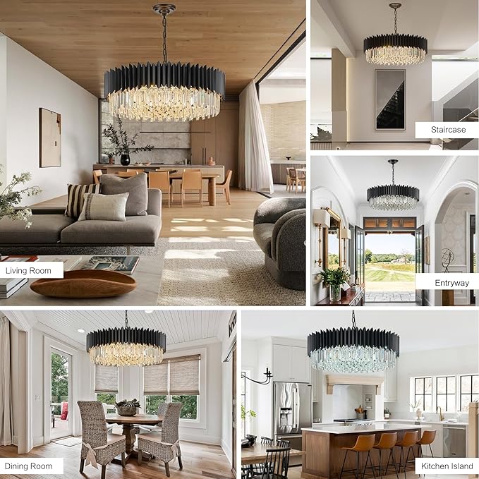 Black Crystal Chandelier 30'' K9 Crystal Round Pendant Lights Adjustable 6-Tier Large Modern Crystal Chandelier Light 12-Lights for Dining Room Living Room Kitchen Foyer Entryway