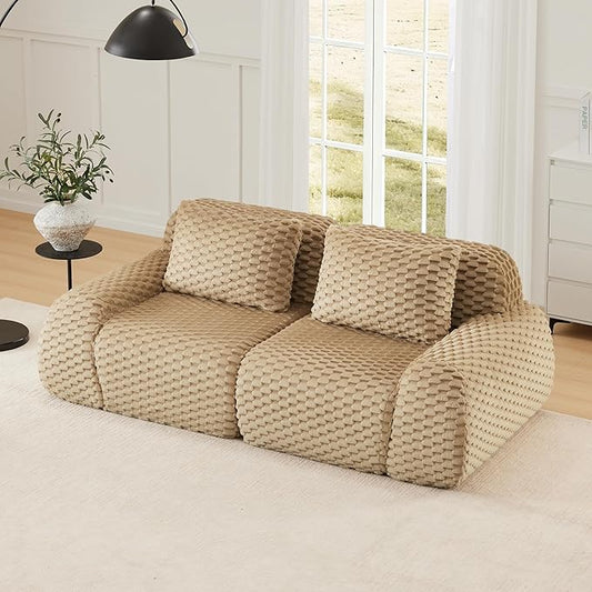 KEIKI 81.9" Loveseat Boneless Couches for Small Living Room, Versatile Modular Sectional Velvet Sofa, Comfy Deep Seating Cozy Lounge Couch for Apartment Furniture, Modern Decor Indoor, Light Camel