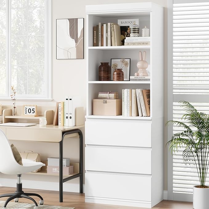 GarveeHome 70 in Bookcase with Drawers, Tall Bookshelf Farmhouse Bookcases Wooden Deep Bookshelves Storage Cabinet Organizer for Living Room, Study, Kitchen, Home Office