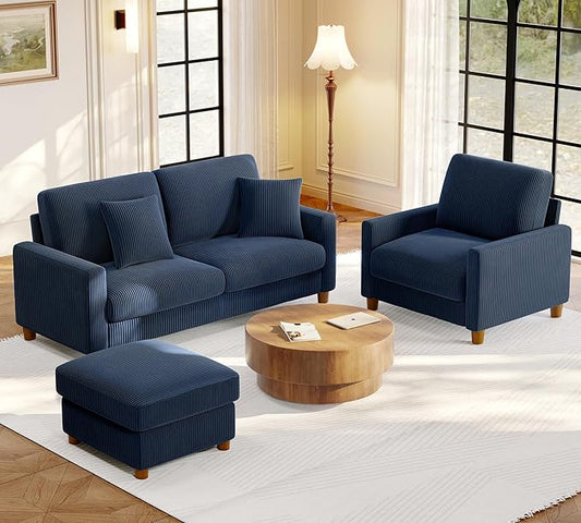 Welzona 70.2" Couches for Living Room, Comfy Sofa Set Tool-Free Setup, Corduroy Couch Set 7.1" Thicker Cushion, Accent Chair with Ottoman 848lbs Support, Sofas for Living Room Home Office, Blue