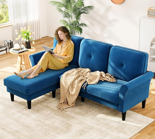 Kidirect 83" Sectional Couch, Velvet L-Shaped Couch 3 Seater Sectional Couches for Living Room, Comfy Fluffy Deep Seat Loveseat, Modular Sectional Sofa with Ottoman for Apartment Office, Blue Couch