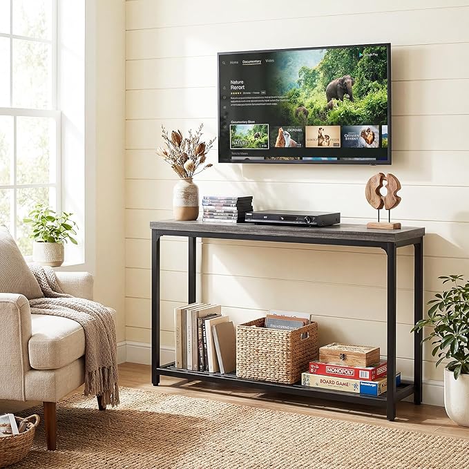 47" Console Table with Storage, 2 Tier Narrow Entryway Table, Sofa Table with Mesh Shelves, Console Tables for Living Room, Bedroom, Hallway, Entryway, Foyer, Oak Grey