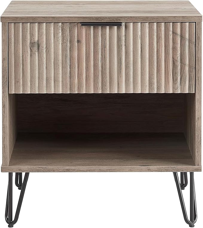 Manhattan Comfort Dumbo Fluted Nightstand with Drawer and Open Shelf, Gold Hairpin Legs and Metal Handle, Snap Tool-Free Assembly, Bedside Accent Table for Bedroom, Office, Living Room in Rustic Grey