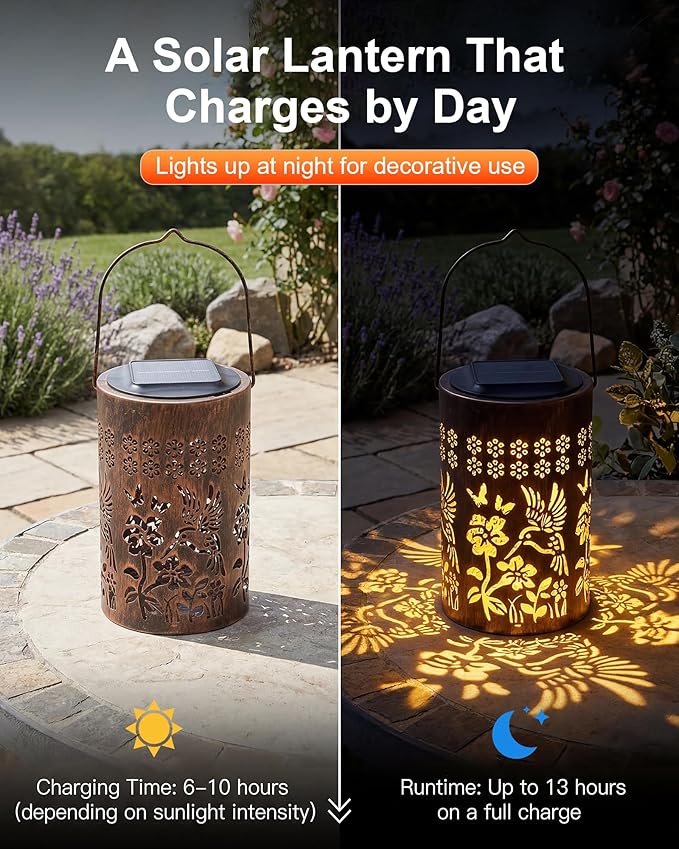 Solar Lanterns Outdoor Waterproof, Hummingbird Garden Decor Gift for Women, Mom or Grandma, Hanging or Tabletop Lantern with Vintage Copper-Color Finish for Patio, Porch and Backyard