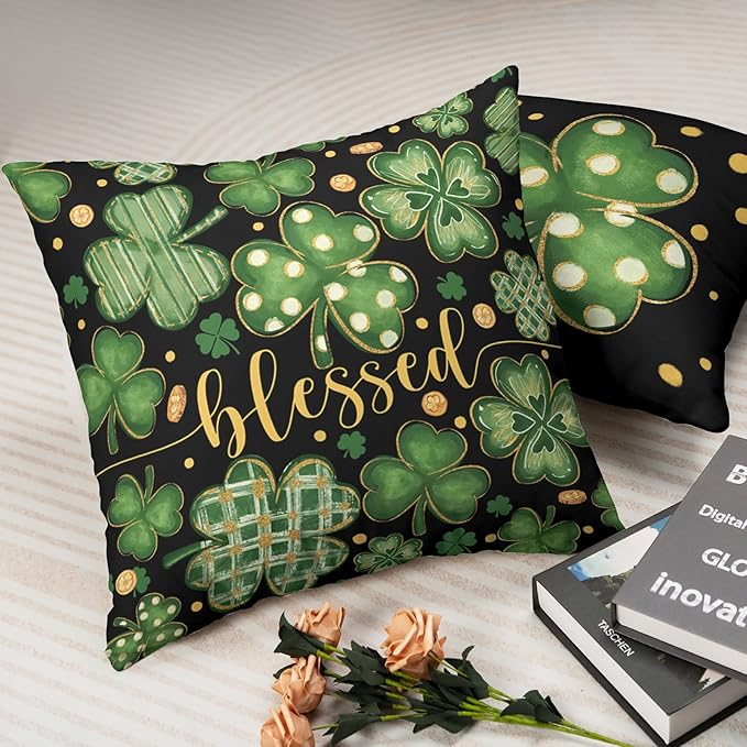 Saint Patricks Day Throw Pillow Covers Stripes Polka Dot Shamrock Clover Pillow Cases 2 Pack 24x24 March Holiday Lucky Blessed Decorative Pillow Covers for Sofa Home St Patricks Decor